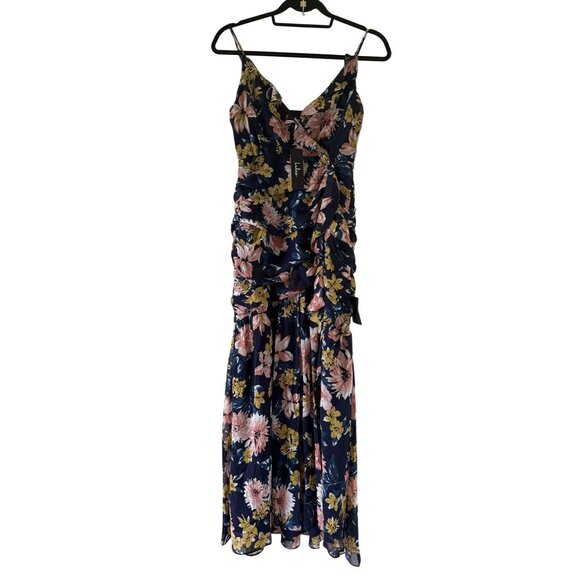 Lulus Dresses & Skirts - New Lulus Soiree Navy Blue Floral Print Ruched Midi Dress Size XS
